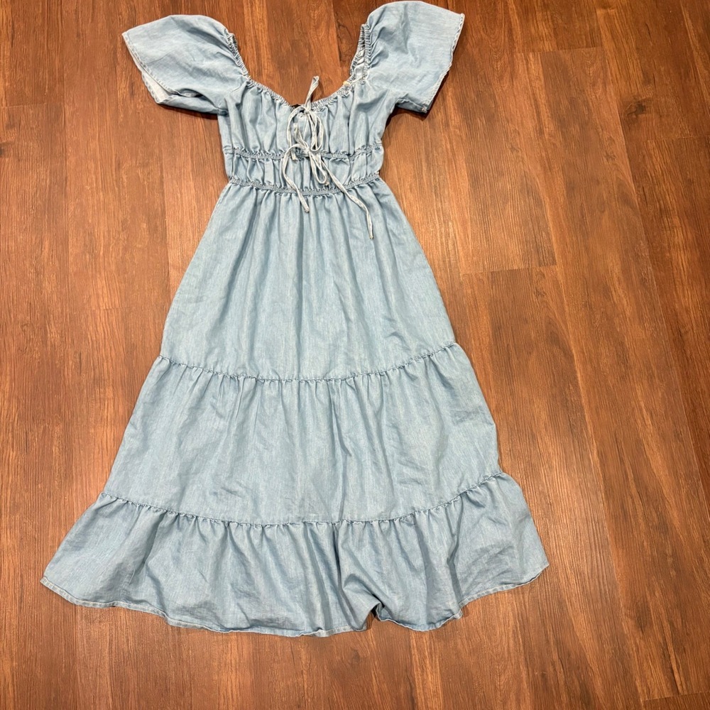 Whimsy Twee Off Shoulder Chambray Cottagecore Dress Puff Sleeve Peasant S
